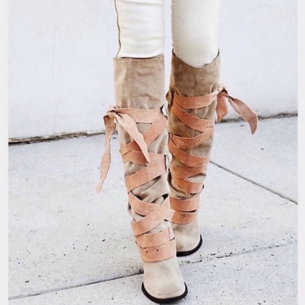 Free People Paradiso Leather Wrap Camel Suede High Heel Boots Size 39